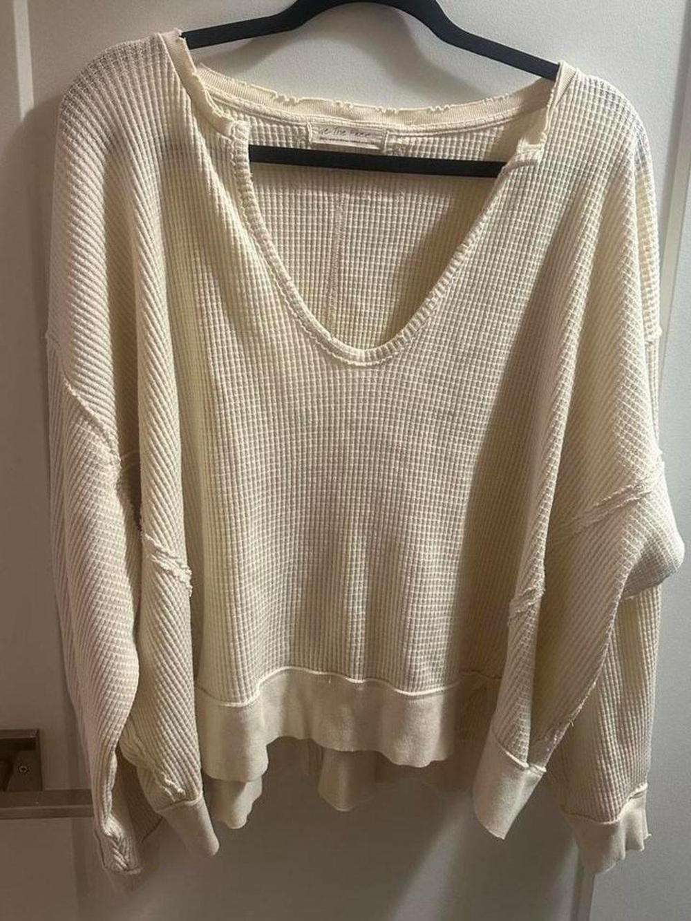 We The Free Ivory Waffle-Knit V-Neck Pullover